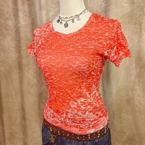 Vintage Y2K Baby Tee Floral Burnout T-Shirt Orange Sheer Fitted Indie Boho Top
